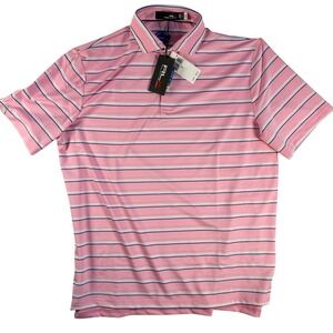 RLX Ralph Lauren Golf Polo Shirt Pink White Blue Stripe Wicking Mens Large NEW